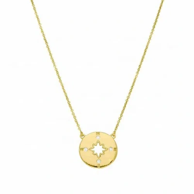 Pre-owned J.o.n 14k Gold 0.05 Ct Natural Diamond Four Direction Starburst Disc Pendant Necklace In White