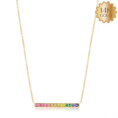 Pre-owned J.o.n 14k Gold 0.20 Ct Natural Multi Sapphire Gemstone Rainbow Bar Pendant Necklace