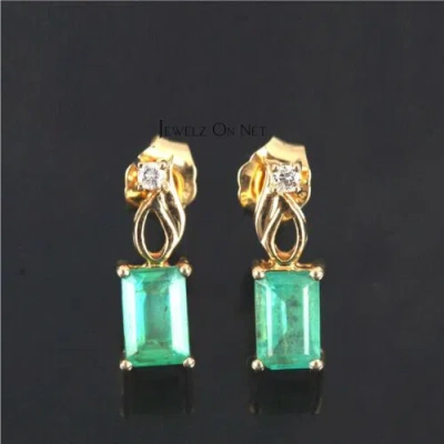Pre-owned J.o.n 14k Gold Genuine Diamond And Emerald Gemstone Wedding Stud Earrings Fine Jewelry In White