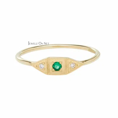 Pre-owned J.o.n 14k Gold Genuine Diamond And Emerald May Birthstone Baby Deco Ring Fine Jewelry In White