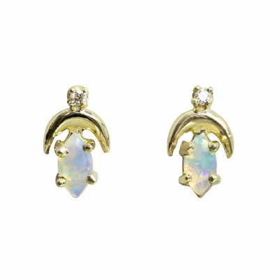 Pre-owned J.o.n 14k Gold Natural Diamond And Opal October Birthstone Crescent Moon Stud Earrings In White