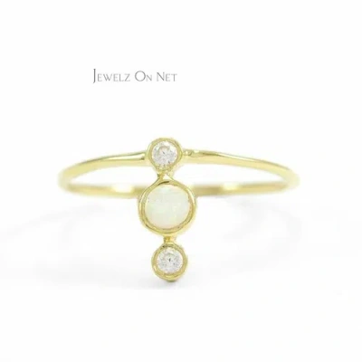 Pre-owned J.o.n 14k Gold Genuine Diamond And Opal Three Stone Ring Fine Jewelry Size - 3 To 8 Us In White