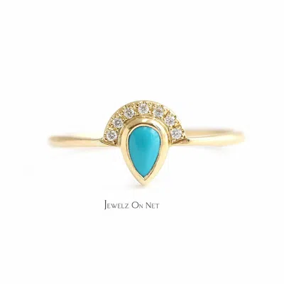 Pre-owned J.o.n 14k Gold Natural Diamond And Turquoise December Birthstone Crown Fine Ring In White