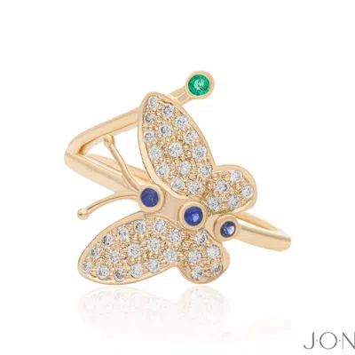 Pre-owned J.o.n 14k Gold Natural Diamond Blue Sapphire And Emerald Gemstone Butterfly Fine Ring In Yellow