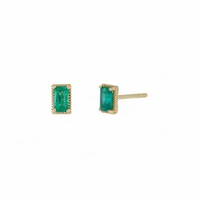 Pre-owned J.o.n Gold 0.40 Ct. Genuine Baguette Emerald May Birthstone Mini Studs Earrings
