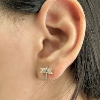 Pre-owned J.o.n Gold Natural Diamond Dragonfly Stud Earrings Handmade-jewelzofny In White