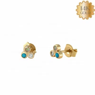 Pre-owned J.o.n Gold Natural Diamond Opal Turquoise Three Stone Studs Earrings-jewelzofny In Yellow