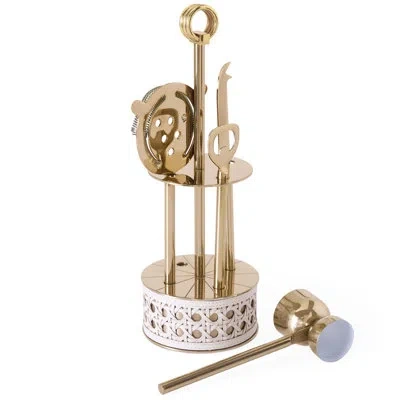Jonathan Adler Basketweave Barware Set In Brass;ivory