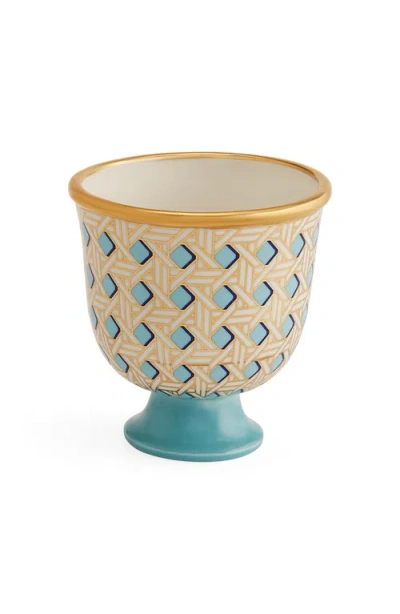 Jonathan Adler Basketweave Pedestal Decorative Bowl In White/light Teal/gold