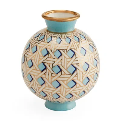 Jonathan Adler Basketweave Round Vase In Light Blue,gold,ivory
