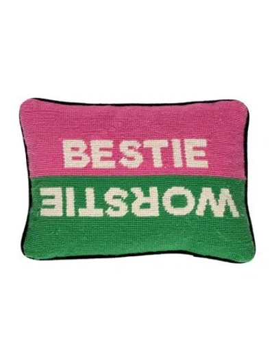 Pre-owned Jonathan Adler 'bestie Worstie' Needlepoint Throw Pillow In Green
