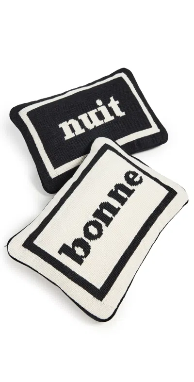 Jonathan Adler Bonne Nuit Needlepoint Pillow Set Black/white In Blue