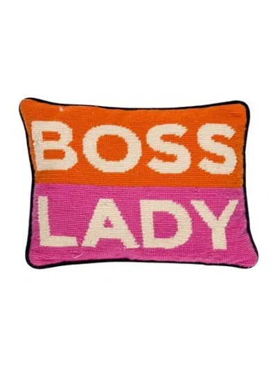 Pre-owned Jonathan Adler Boss Lady Needlepoint Throw Pillow In Blue/orange/pink