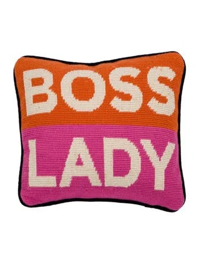 Pre-owned Jonathan Adler Boss Lady Needlepoint Throw Pillow In Pink