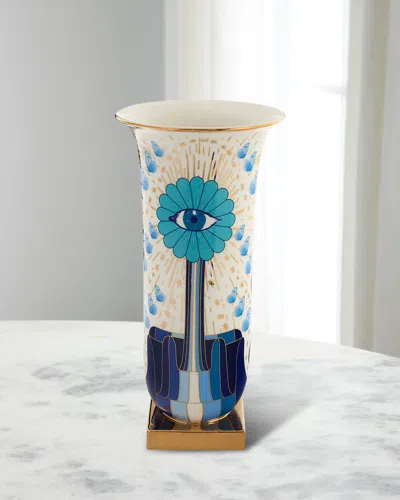 Jonathan Adler Druggist Flared Tall Vase - 15" In Blue/gold