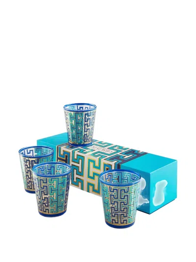 Jonathan Adler Geometric-pattern Glass (set Of Four) In Blue