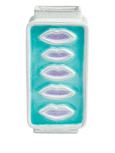 Jonathan Adler Lip-print Crackle-glaze Vase In Blue