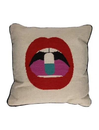 Pre-owned Jonathan Adler Lips Full Dose Needlepoint Pillow
