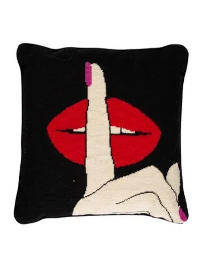 Pre-owned Jonathan Adler Lips Hush Needlepoint Throw Pillow In Black