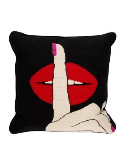 Pre-owned Jonathan Adler Lips Hush Needlepoint Throw Pillow In Multi
