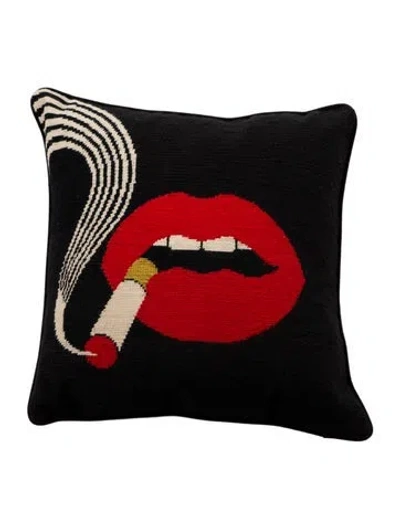 Pre-owned Jonathan Adler Lips Smolder Needlepoint Throw Pillow In Black