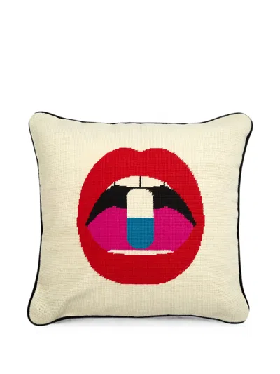 Jonathan Adler Lips-motif Embroidered Cushion In White