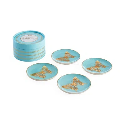 Jonathan Adler Mariposa No Pattern Ceramic Round 4 -piece Coaster Set In Blue,gold