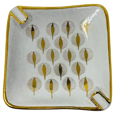 Pre-owned Jonathan Adler Mid Century Ceramic Ashtray Gold Leaf Design Signed Italy In Gray