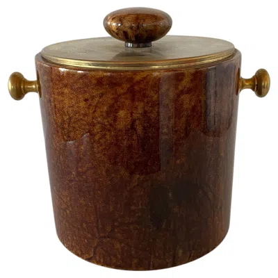 Pre-owned Jonathan Adler Mid-century Aldo Tura Lacquered Goatskin Ice Bucket With Brass Details In Brown