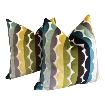 Pre-owned Jonathan Adler Pair Of  “semicircle “ Seaside Down-filled Complete Pillows In Brown