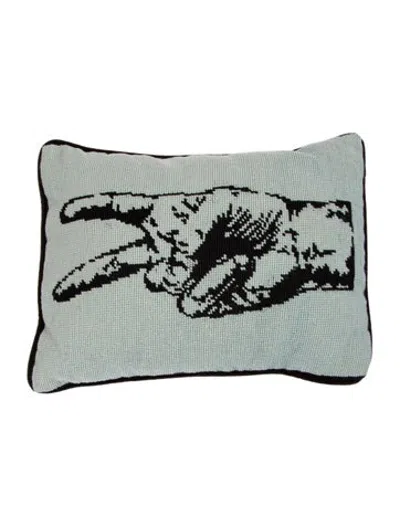 Pre-owned Jonathan Adler Peace Hand Needlepoint Throw Pillow In Blue