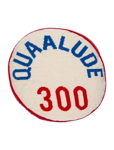 Pre-owned Jonathan Adler R Prescription Quaalude 300 Needlepoint Throw Pillow In Blue/neutrals/red
