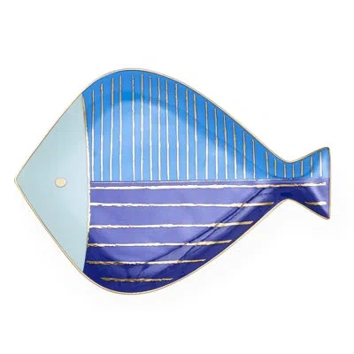 Jonathan Adler School Of Fish Round Tray In Blue;gold
