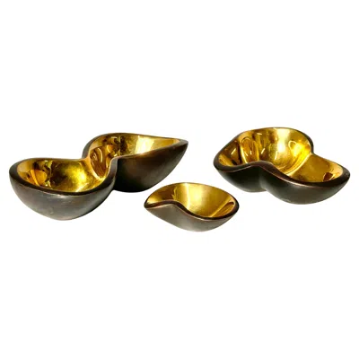 Pre-owned Jonathan Adler Set Of 3 Bronze & Gold Biomorphic Decorative Bowl Sculptures By  In Brown