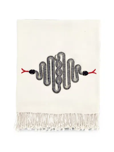 Jonathan Adler Snake-embroidered Fringed Throw In White