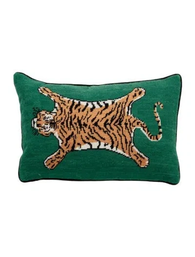 Pre-owned Jonathan Adler Tiger Needlepoint Throw Pillow In Green
