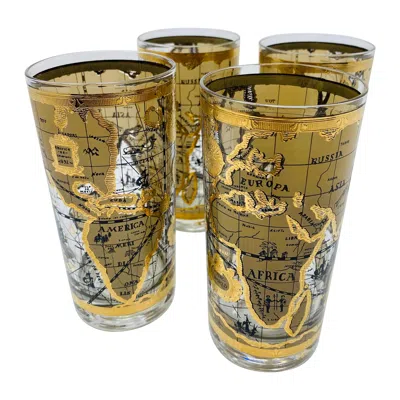 Pre-owned Jonathan Adler Vintage Mcm Set Of 4 Old World Maps Glasses By Cera In Gold