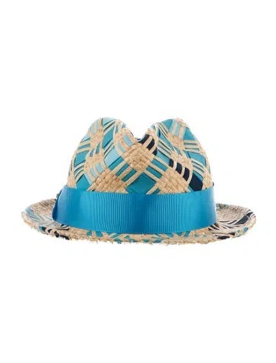 Pre-owned Jonathan Adler Woven Straw Fedora In Blue/neutrals