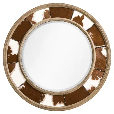 Pre-owned Jonathan Charles Rustic Cowhide Inlay Round Wall Mirror In Brown