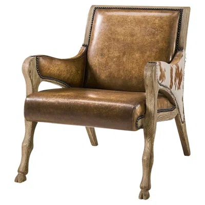 Pre-owned Jonathan Charles Rustic Western Leather & Hide Accent Chair In Brown