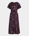 Jonathan Cohen Floral-print Flutter-sleeve Midi Silk Dress In Multi