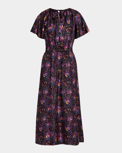 Jonathan Cohen Floral-print Flutter-sleeve Midi Silk Dress In Multi