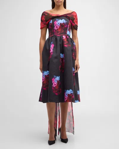 Jonathan Cohen Floral Print Off-shoulder Midi Dress With Cape Back In Black