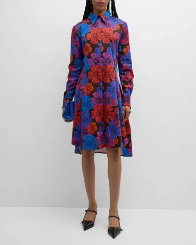 Jonathan Cohen Floral-print Pleated Long-sleeve Shirtdress In Blue