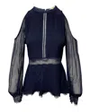 Simkhai Cold Shoulder Lace Trim Blouse In Blue Silk In Blue