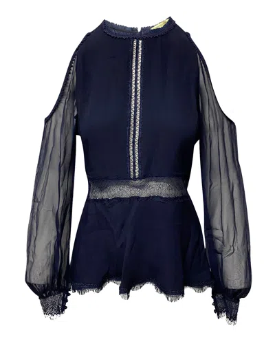Jonathan Simkhai Cold Shoulder Lace Trim Blouse In Blue Silk
