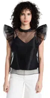 Jonathan Simkhai Corina Organza Ruffle Sleeve Crew Neck Top In Black