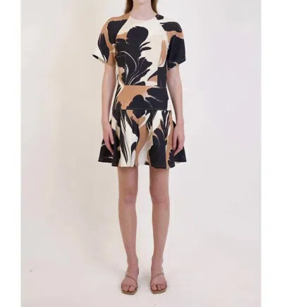Jonathan Simkhai Covey Short Sleeve Mini Dress In Camel Ink Blot In Multi