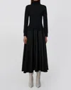 JONATHAN SIMKHAI FRANCES LONG SLEEVE SATIN COMBO MIDI DRESS IN BLACK