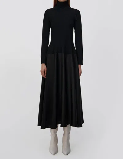 Jonathan Simkhai Frances Long Sleeve Satin Combo Midi Dress In Black